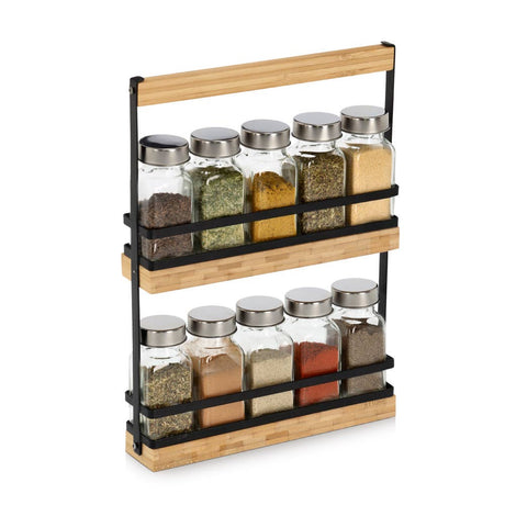 Bamboe kruidenrek met 11 glazen potjes – compact keuken organizer.