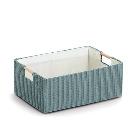 Saliegroene opbergmand van katoen met houten handgrepen – compact en stijlvol voor kleine ruimtes.