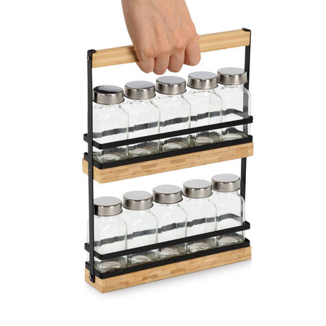 Bamboe kruidenrek met 11 glazen potjes – compact keuken organizer.