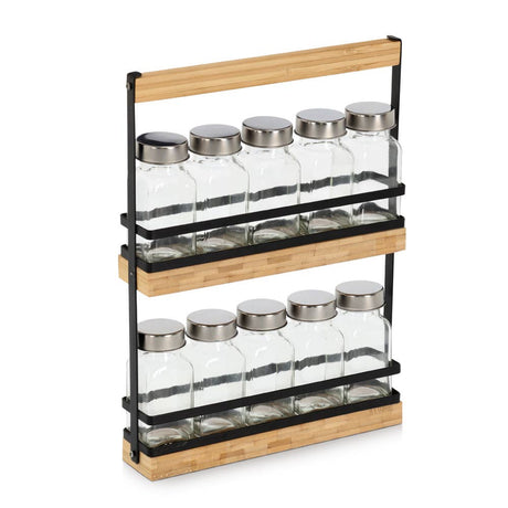 Bamboe kruidenrek met 11 glazen potjes – compact keuken organizer.